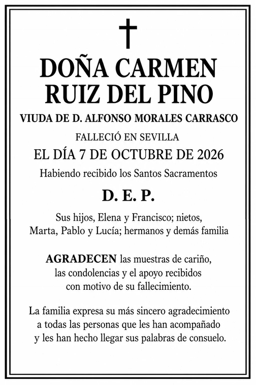 Ejemplo de esquela de agradecimiento de 96 × 74 mm para ABC Sevilla
